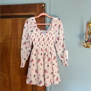 Hill House Norah nap mini dress long sleeve Ivory Ikat Floral Crushed Taffeta